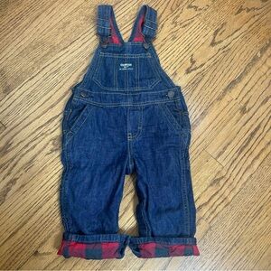Oshkosh B’Gosh Red Buffalo Plaid Flannel Dark Washed Denim Overalls Size 9-12 M